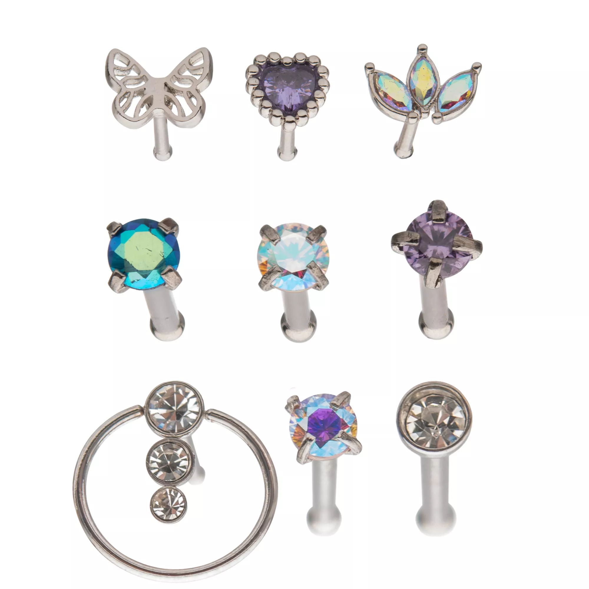 Multi-Pack Butterfly and Heart Pin Nose Rings 9 Pack - 20 Gauge at Spencer's