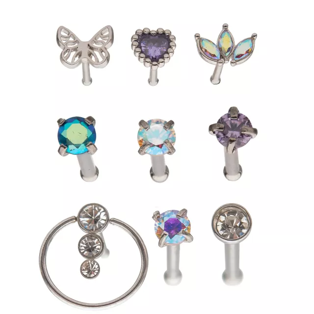 Multi-Pack Butterfly and Heart Pin Nose Rings 9 Pack - 20 Gauge at Spencer's
