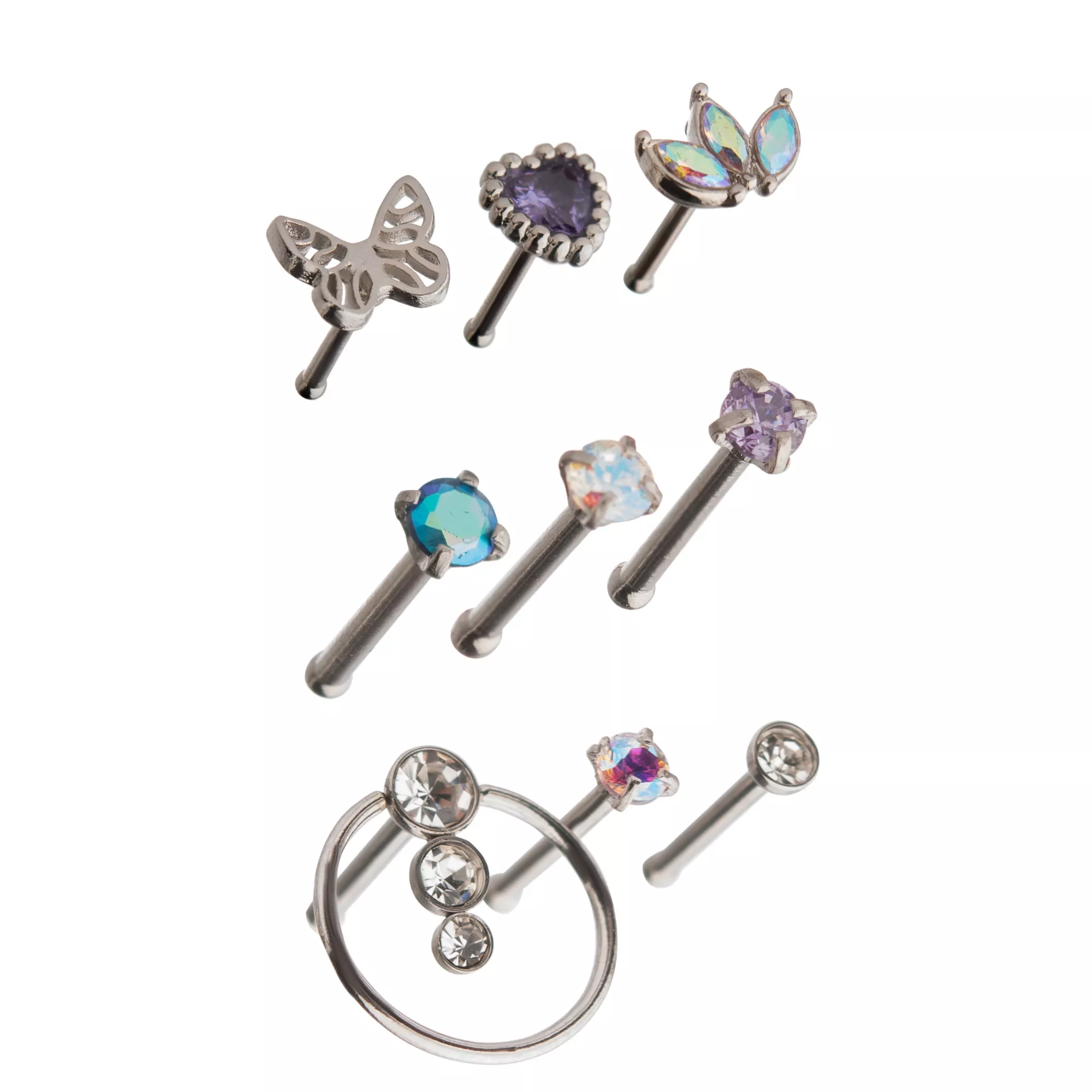 Multi-Pack Butterfly and Heart Pin Nose Rings 9 Pack - 20 Gauge at Spencer's