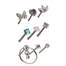 Multi-Pack Butterfly and Heart Pin Nose Rings 9 Pack - 20 Gauge at Spencer's
