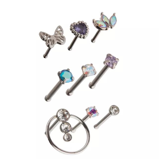 Multi-Pack Butterfly and Heart Pin Nose Rings 9 Pack - 20 Gauge at Spencer's