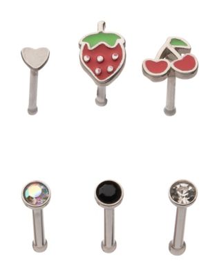 Multi-Pack CZ Heart Strawberry Cherry Pin Nose Rings6 Pack - 20 Gauge