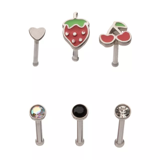 Multi-Pack CZ Heart Strawberry Cherry Pin Nose Rings6 Pack - 20 Gauge at Spencer's