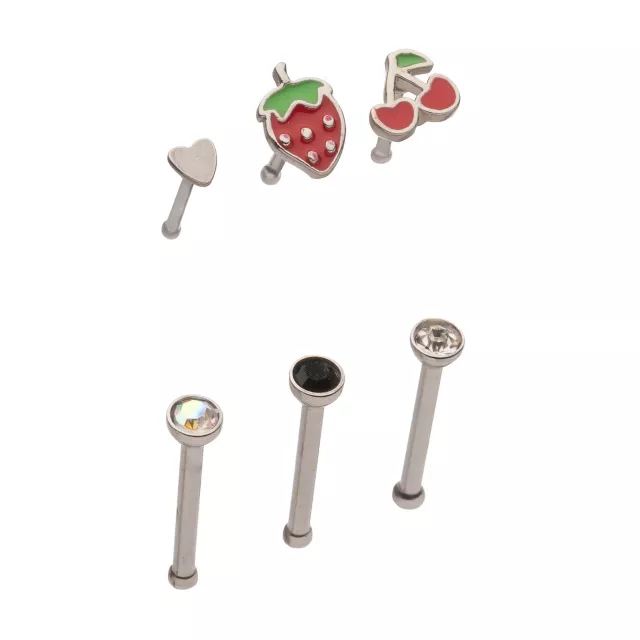 Multi-Pack CZ Heart Strawberry Cherry Pin Nose Rings6 Pack - 20 Gauge at Spencer's