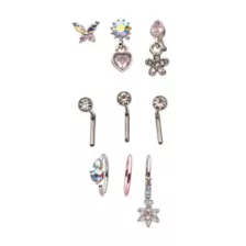 Multi-Pack CZ Butterfly Heart Star Pin L-Bend and Hoop Nose Rings 9 Pack - 20 Gauge at Spencer's