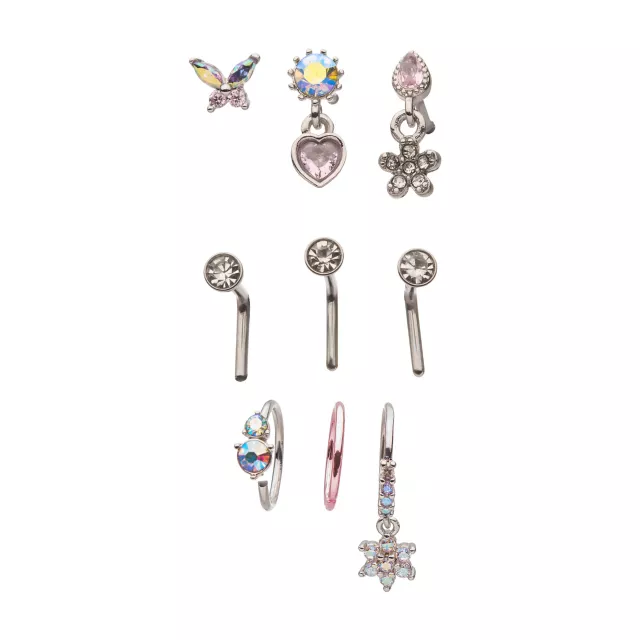 Multi-Pack CZ Butterfly Heart Star Pin L-Bend and Hoop Nose Rings 9 Pack - 20 Gauge at Spencer's