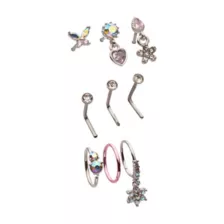 Multi-Pack CZ Butterfly Heart Star Pin L-Bend and Hoop Nose Rings 9 Pack - 20 Gauge at Spencer's