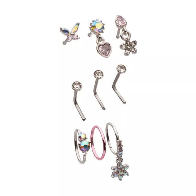 Multi-Pack CZ Butterfly Heart Star Pin L-Bend and Hoop Nose Rings 9 Pack - 20 Gauge at Spencer's