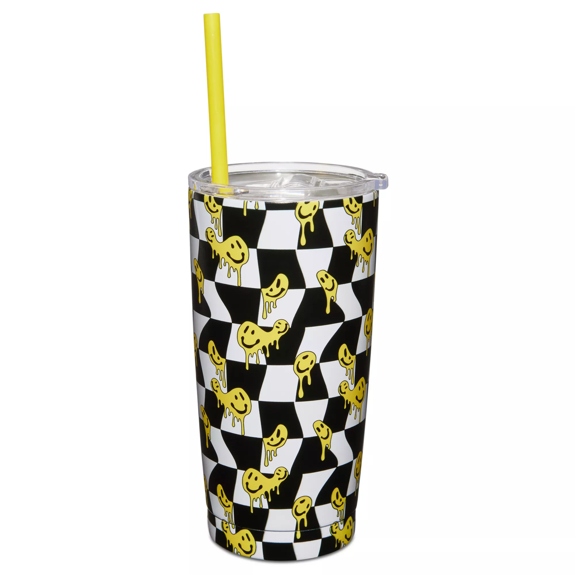 Checkered Drippy Smiley Face Cup with Straw -  20 oz. at Spencer's