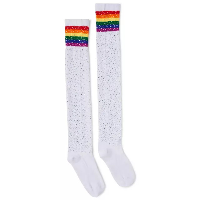 Rainbow Stripe Rhinestone Over the Knee Socks at Spencer's