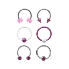 Multi-Pack Silvertone and Purple Horseshoe Rings and Captive Rings 6 Pack - 16 Gauge at Spencer's