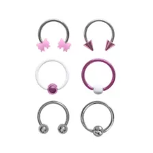 Multi-Pack Silvertone and Purple Horseshoe Rings and Captive Rings 6 Pack - 16 Gauge at Spencer's