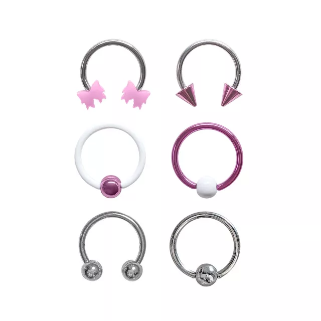 Multi-Pack Silvertone and Purple Horseshoe Rings and Captive Rings 6 Pack - 16 Gauge at Spencer's