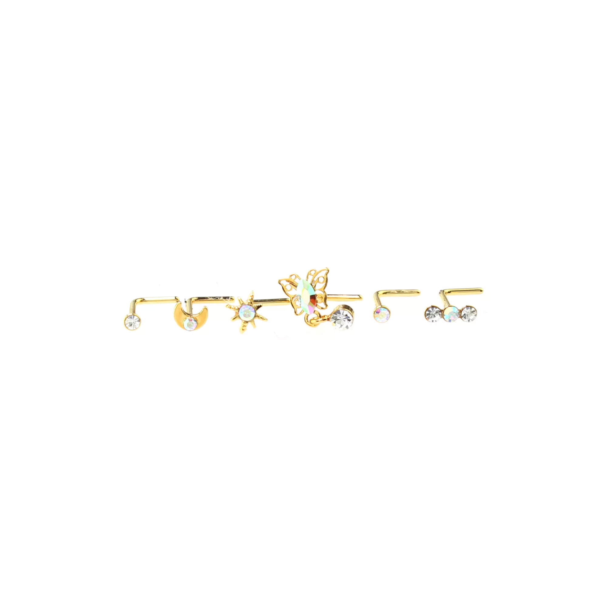 Multi-Pack CZ Goldtone Dangle Butterfly L-Bend Nose Ring 6 Pack - 20 Gauge at Spencer's
