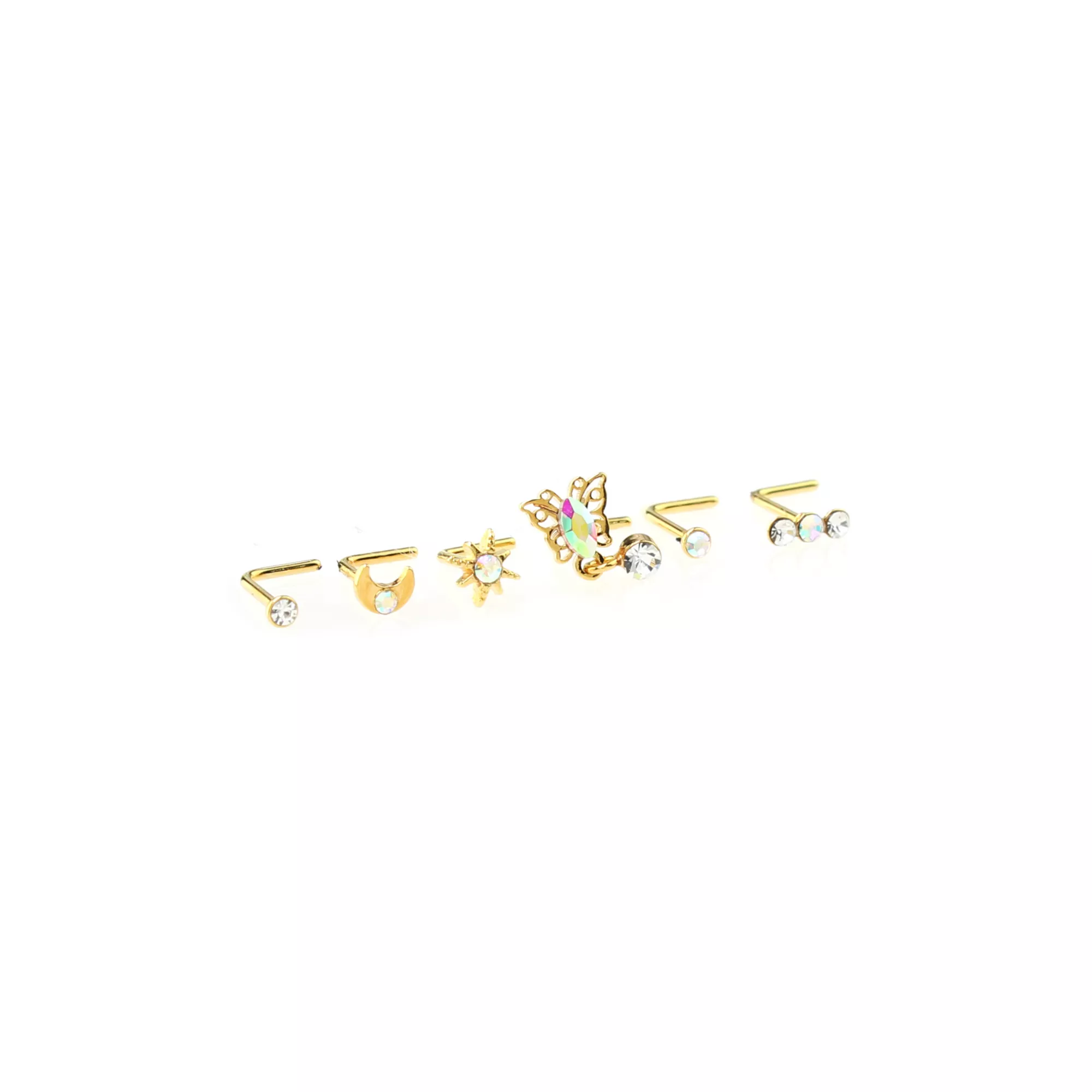 Multi-Pack CZ Goldtone Dangle Butterfly L-Bend Nose Ring 6 Pack - 20 Gauge at Spencer's