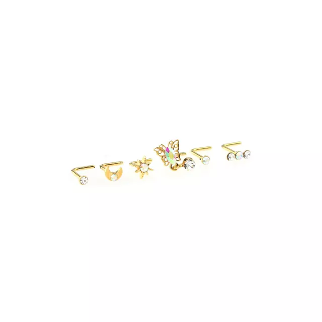 Multi-Pack CZ Goldtone Dangle Butterfly L-Bend Nose Ring 6 Pack - 20 Gauge at Spencer's