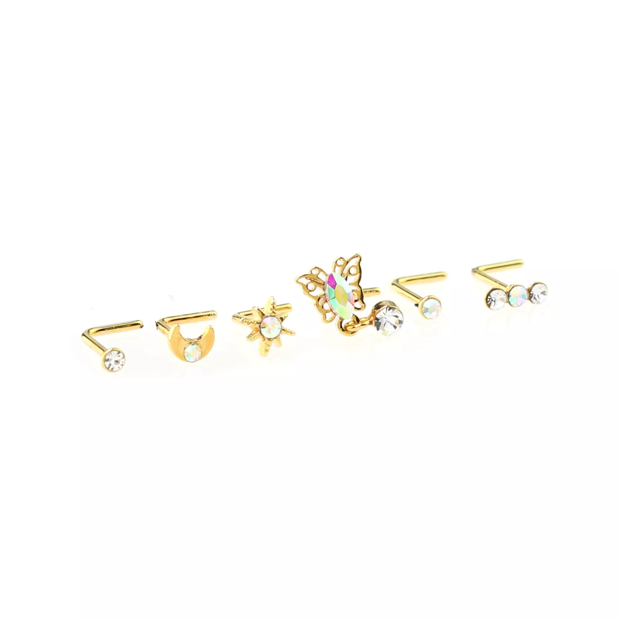 Multi-Pack CZ Goldtone Dangle Butterfly L-Bend Nose Ring 6 Pack - 20 Gauge at Spencer's
