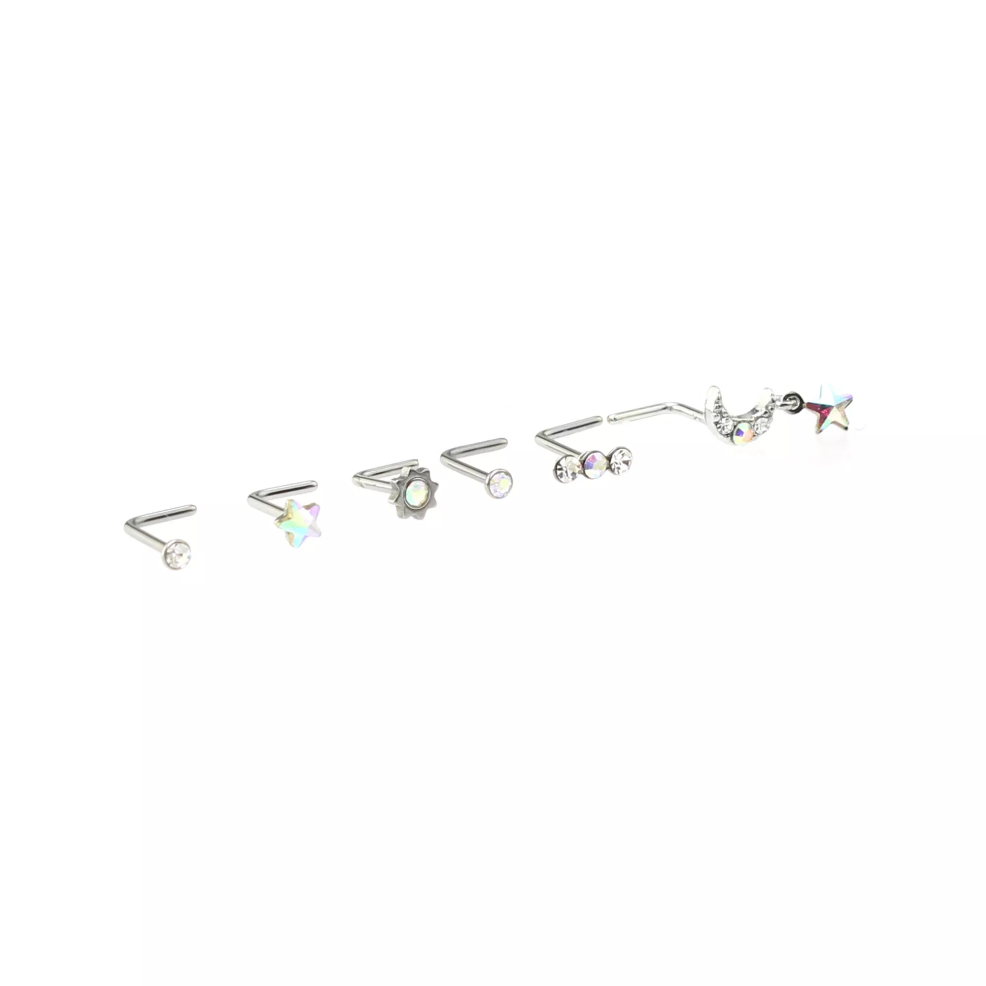 Multi-Pack CZ Dangle Moon L-Bend Nose Ring 6 Pack - 20 Gauge at Spencer's