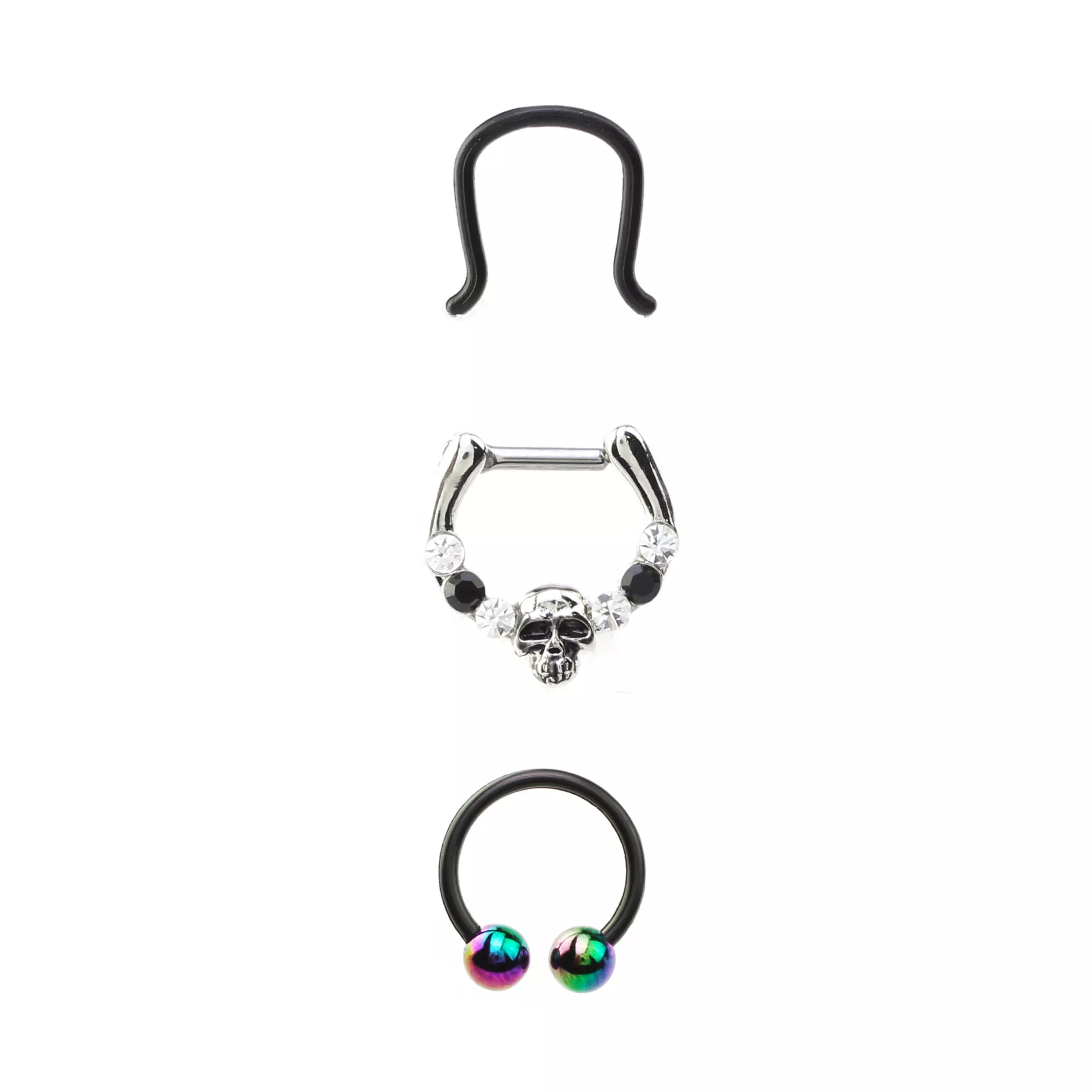 Multi-Pack Black CZ Skull Septum Ring Horseshoe Ring and Retainer 3 Pack - 16 Gauge at Spencer's