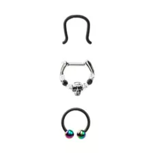 Multi-Pack Black CZ Skull Septum Ring Horseshoe Ring and Retainer 3 Pack - 16 Gauge at Spencer's