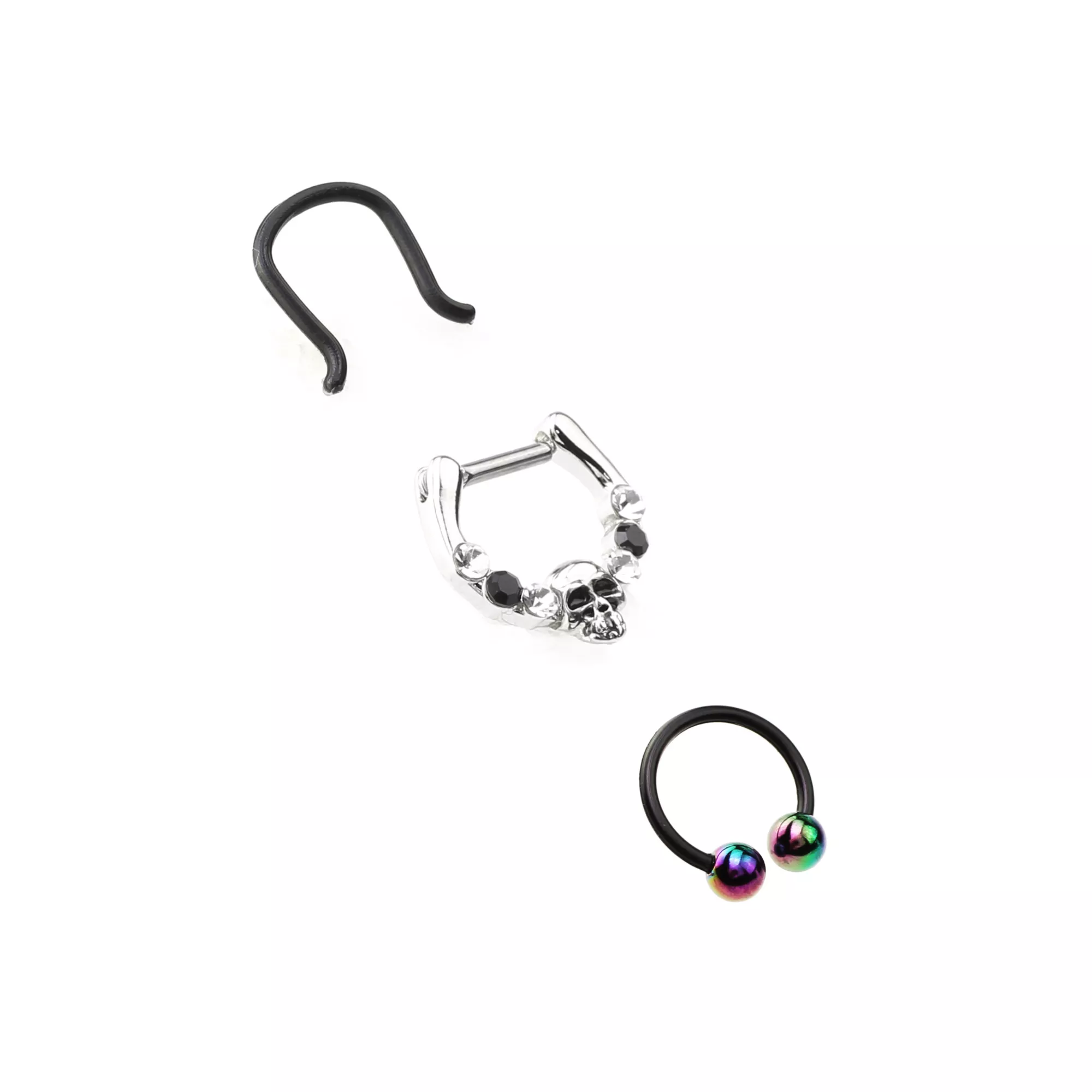 Multi-Pack Black CZ Skull Septum Ring Horseshoe Ring and Retainer 3 Pack - 16 Gauge at Spencer's