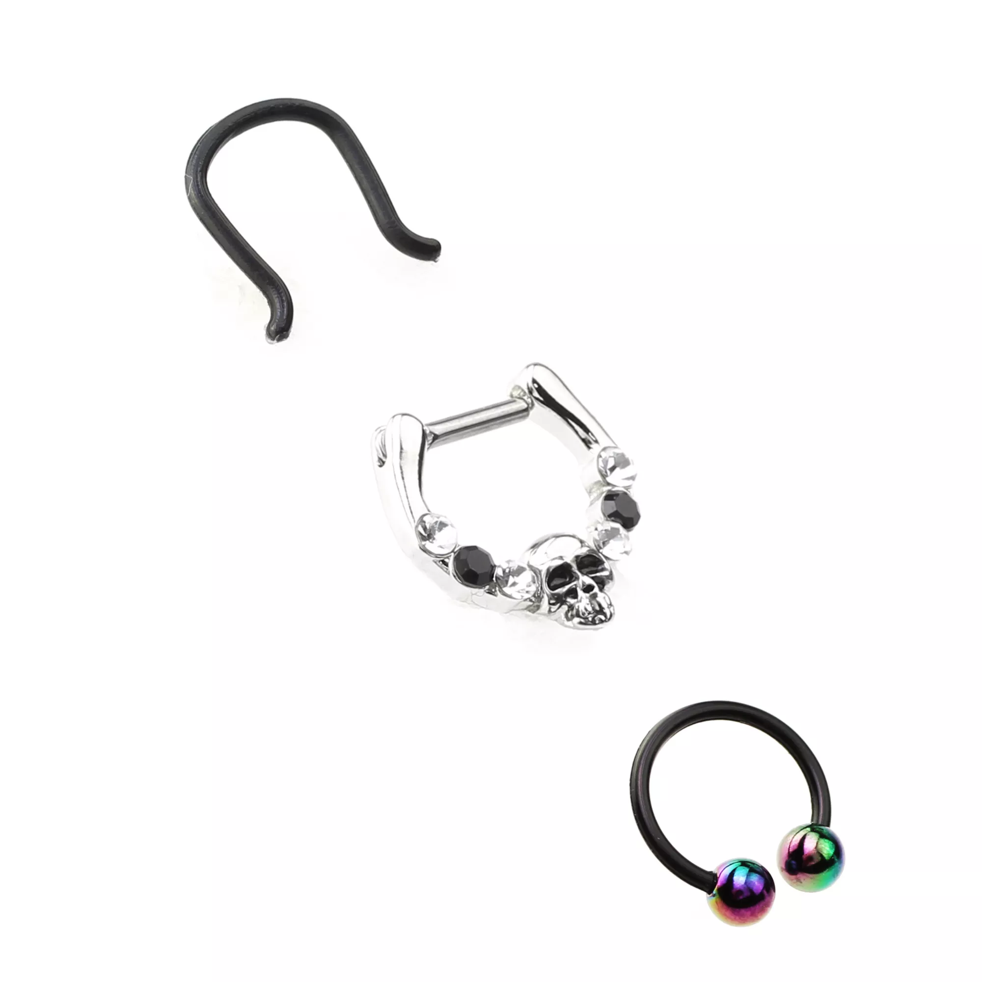 Multi-Pack Black CZ Skull Septum Ring Horseshoe Ring and Retainer 3 Pack - 16 Gauge at Spencer's