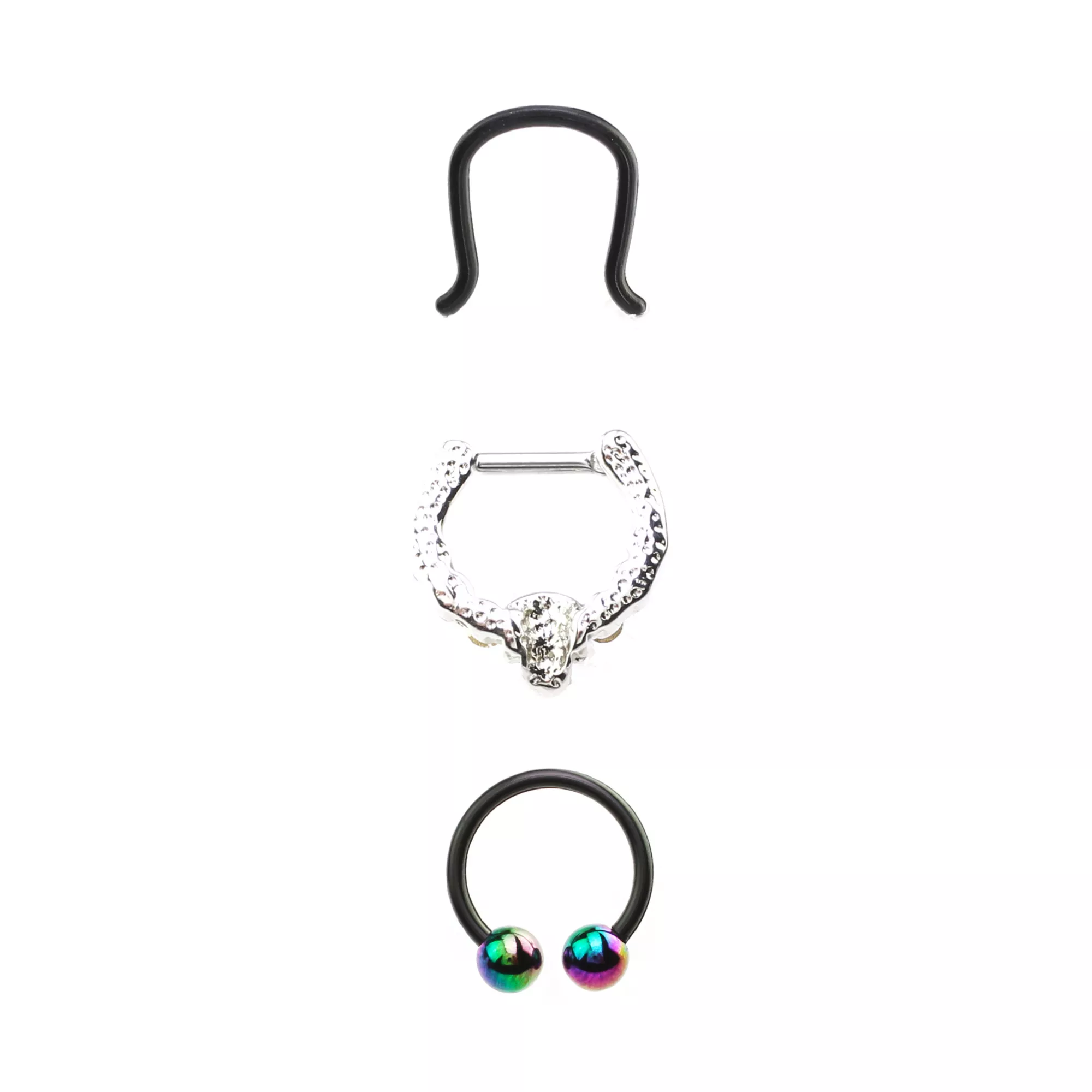 Multi-Pack Black CZ Skull Septum Ring Horseshoe Ring and Retainer 3 Pack - 16 Gauge at Spencer's
