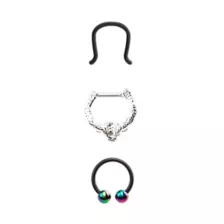 Multi-Pack Black CZ Skull Septum Ring Horseshoe Ring and Retainer 3 Pack - 16 Gauge at Spencer's