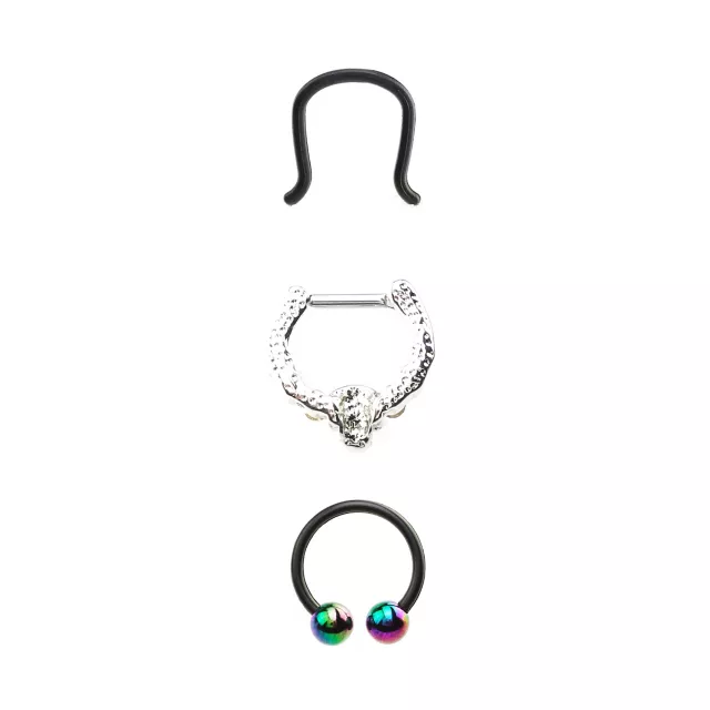 Multi-Pack Black CZ Skull Septum Ring Horseshoe Ring and Retainer 3 Pack - 16 Gauge at Spencer's