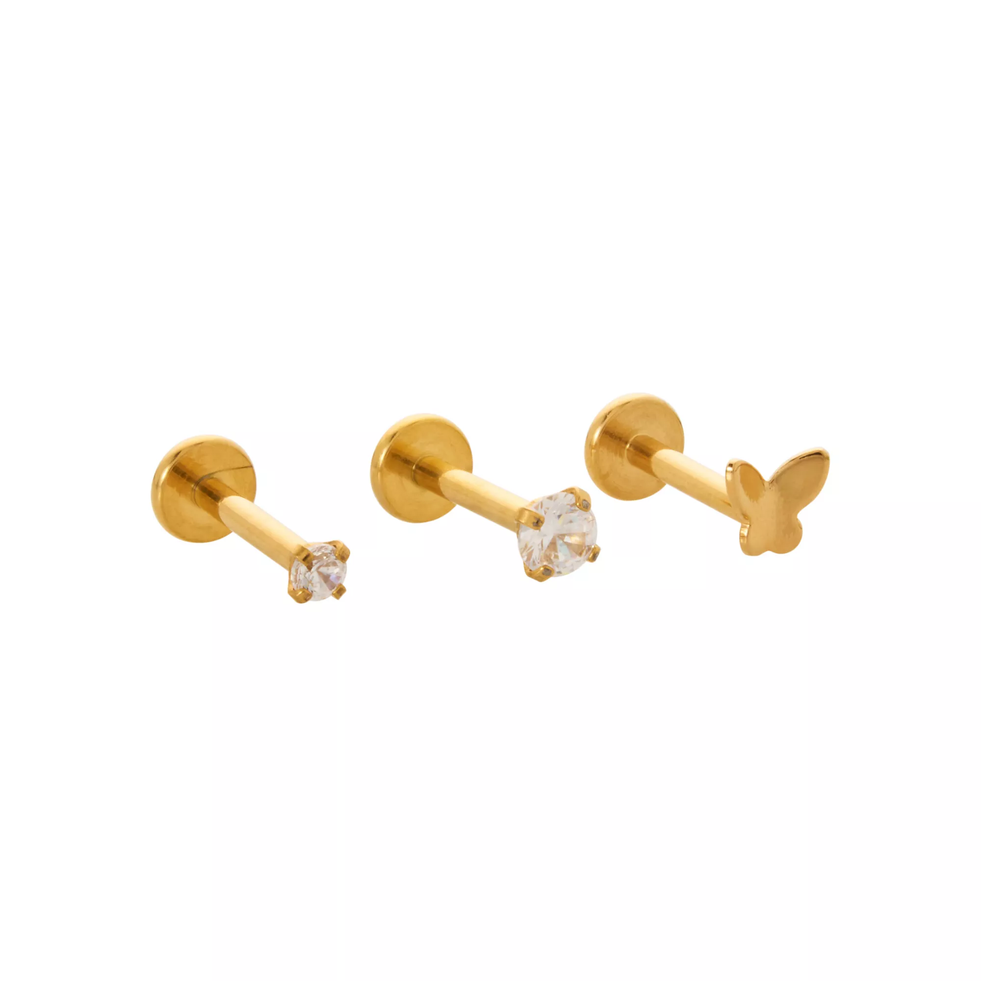 Multi-Pack CZ Goldtone Butterfly Tragus Cartilage Earrings 3 Pack - 16 Gauge