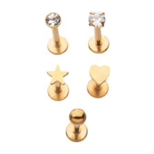 Multi-Pack Goldtone CZ Star Heart Labret Lip Rings 5 Pack - 16 Gauge at Spencer's