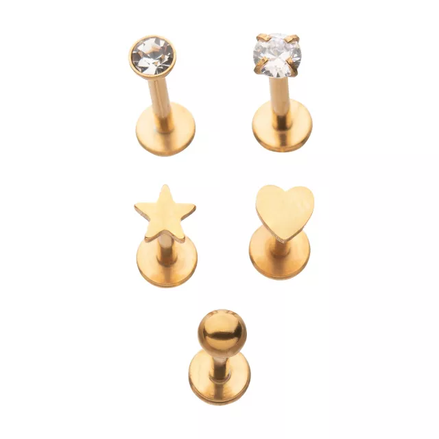 Multi-Pack Goldtone CZ Star Heart Labret Lip Rings 5 Pack - 16 Gauge at Spencer's