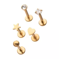 Multi-Pack Goldtone CZ Star Heart Labret Lip Rings 5 Pack - 16 Gauge at Spencer's