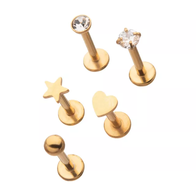 Multi-Pack Goldtone CZ Star Heart Labret Lip Rings 5 Pack - 16 Gauge at Spencer's