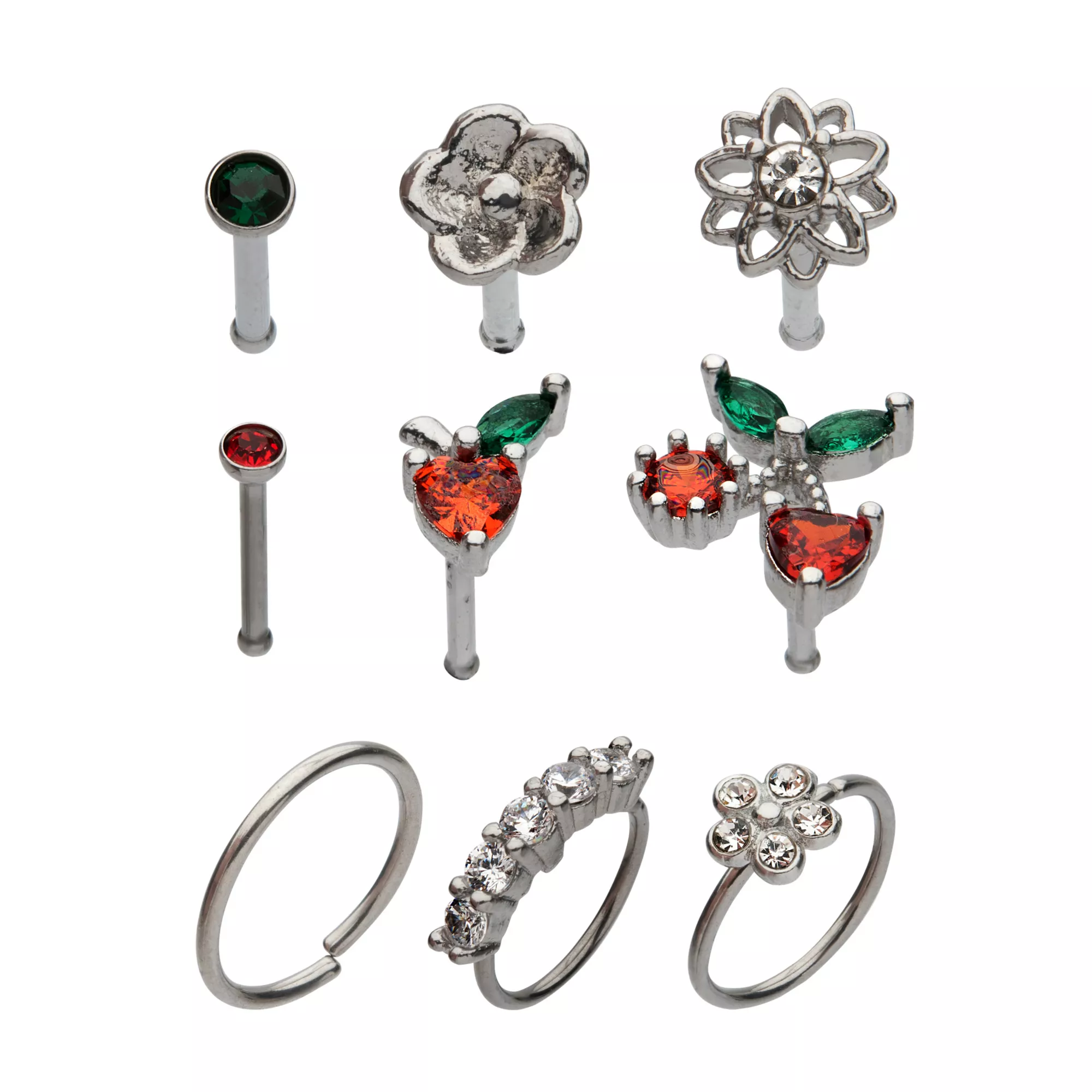 Multi-Pack Red CZ Cherry Heart Hoops and Bone Nose Rings - 9 Pack at Spencer's