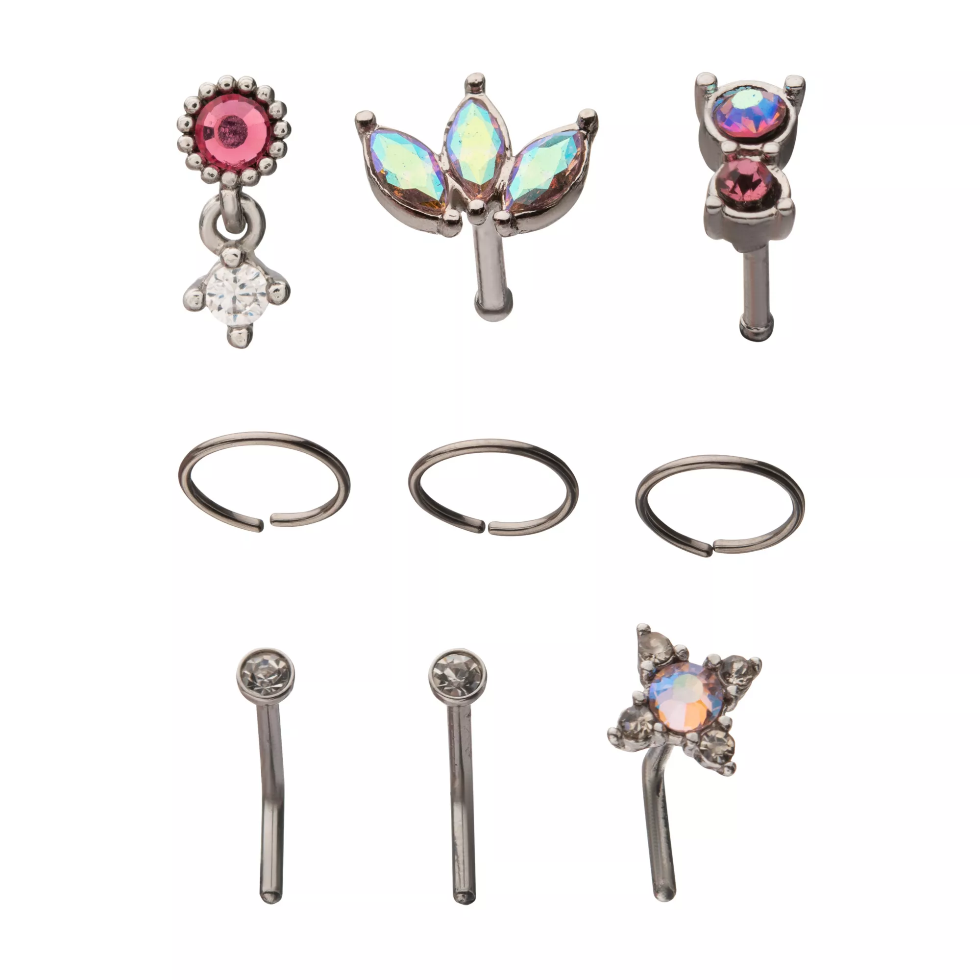 Multi-Pack Pink CZ Pin Hoop and L-Bend Nose Rings 9 Pack - 20 Gauge at Spencer's