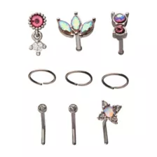 Multi-Pack Pink CZ Pin Hoop and L-Bend Nose Rings 9 Pack - 20 Gauge at Spencer's