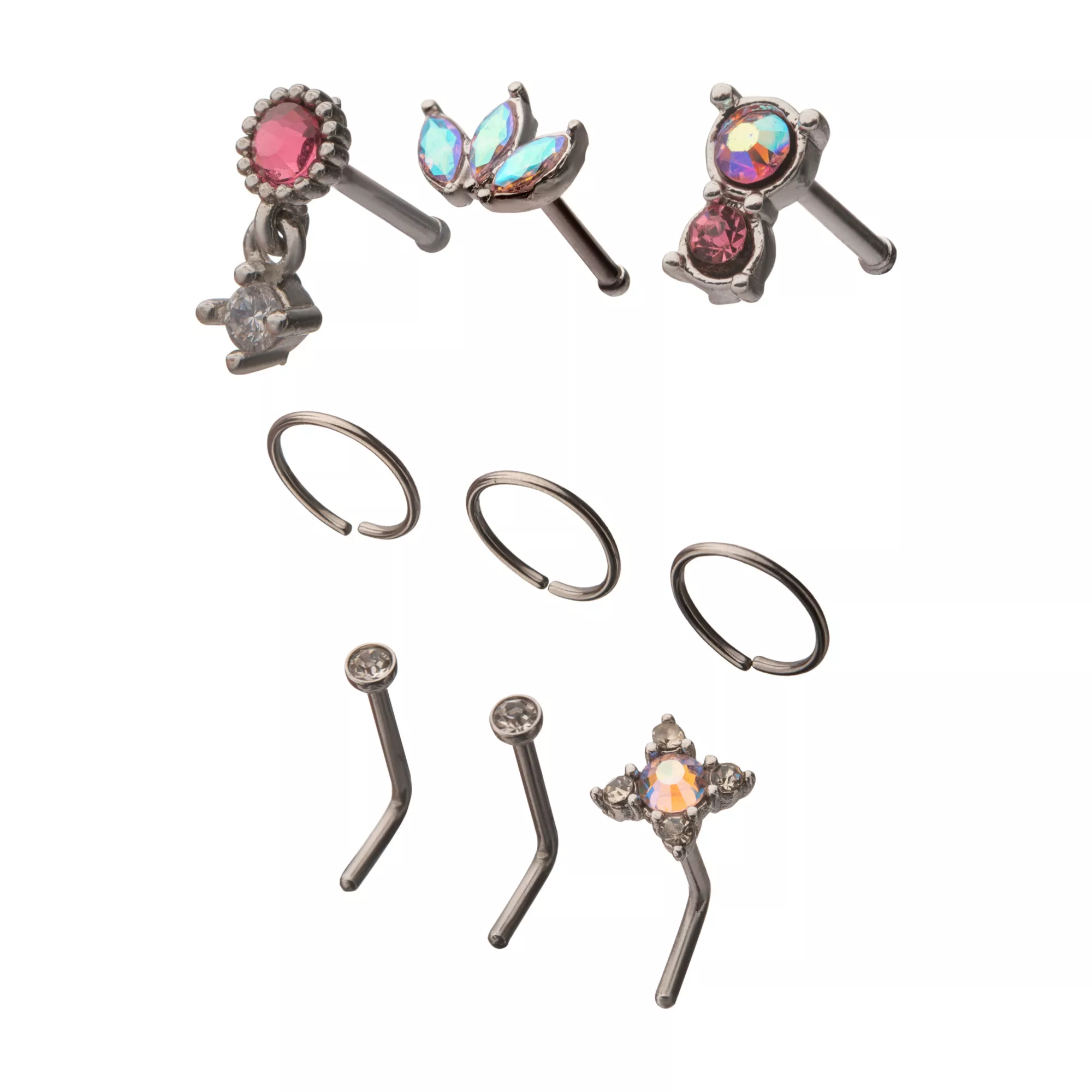Multi-Pack Pink CZ Pin Hoop and L-Bend Nose Rings 9 Pack - 20 Gauge at Spencer's