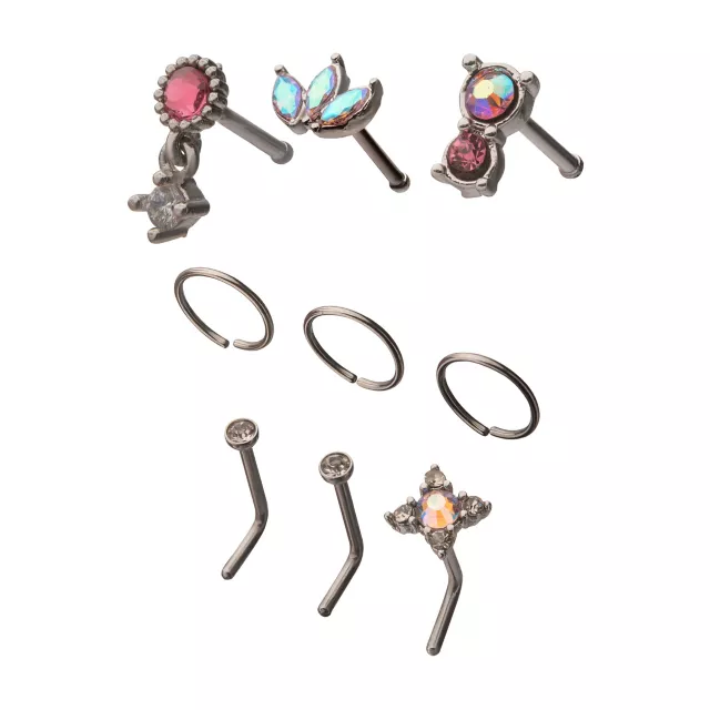 Multi-Pack Pink CZ Pin Hoop and L-Bend Nose Rings 9 Pack - 20 Gauge at Spencer's