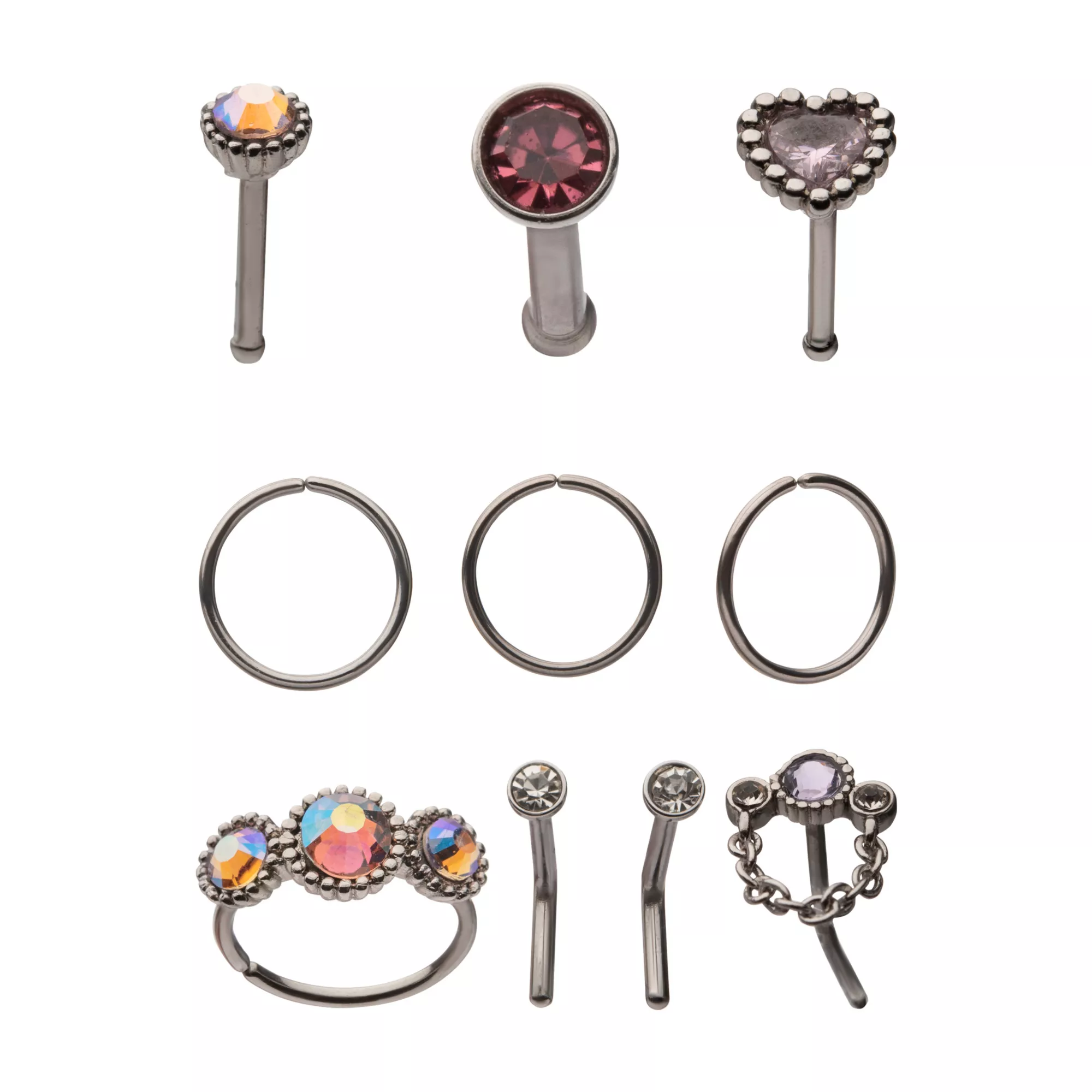 Multi-Pack CZ Pink Heart and Dangle Pin L-Bend and Hoop Nose Rings 9 Pack - 20 Gauge at Spencer's