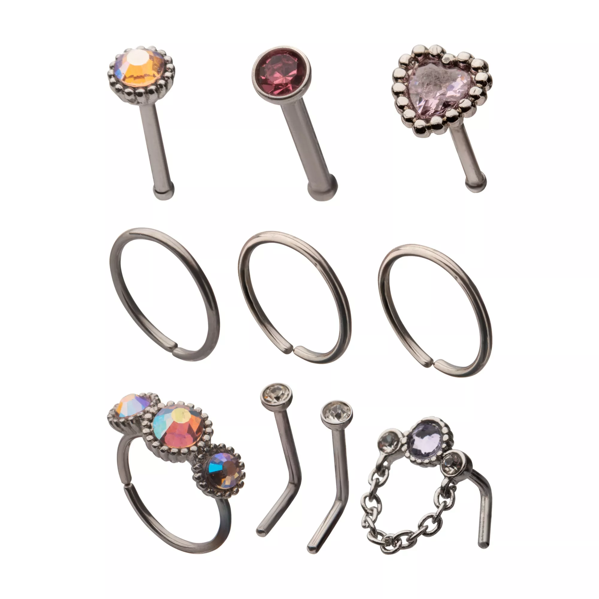 Multi-Pack CZ Pink Heart and Dangle Pin L-Bend and Hoop Nose Rings 9 Pack - 20 Gauge at Spencer's