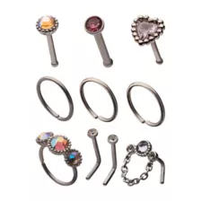 Multi-Pack CZ Pink Heart and Dangle Pin L-Bend and Hoop Nose Rings 9 Pack - 20 Gauge at Spencer's