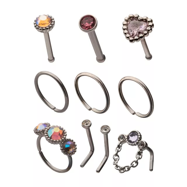 Multi-Pack CZ Pink Heart and Dangle Pin L-Bend and Hoop Nose Rings 9 Pack - 20 Gauge at Spencer's