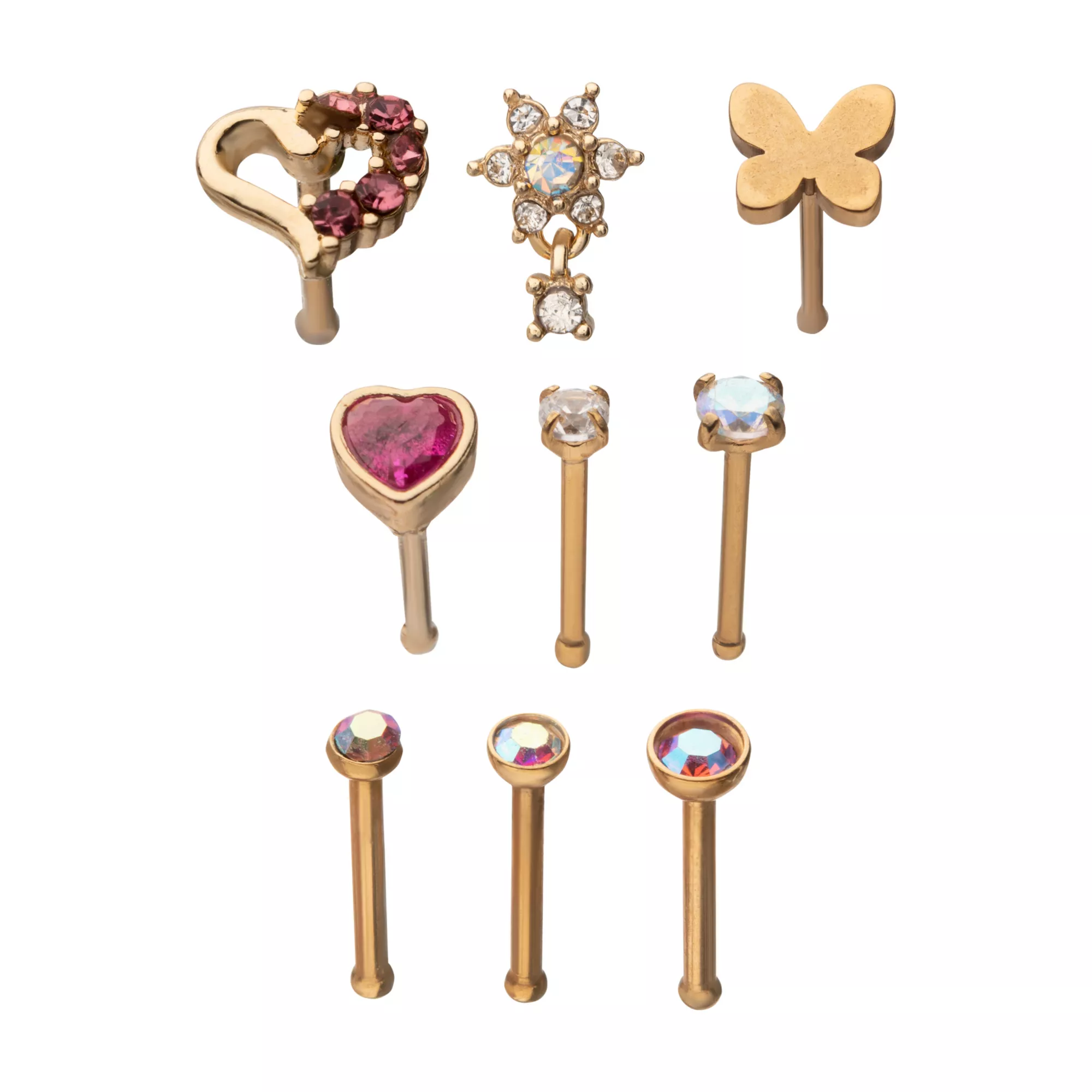 Multi-Pack CZ Butterfly and Heart Pin Nose Rings 9 Pack - 20 Gauge at Spencer's