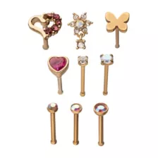 Multi-Pack CZ Butterfly and Heart Pin Nose Rings 9 Pack - 20 Gauge at Spencer's