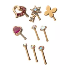 Multi-Pack CZ Butterfly and Heart Pin Nose Rings 9 Pack - 20 Gauge at Spencer's