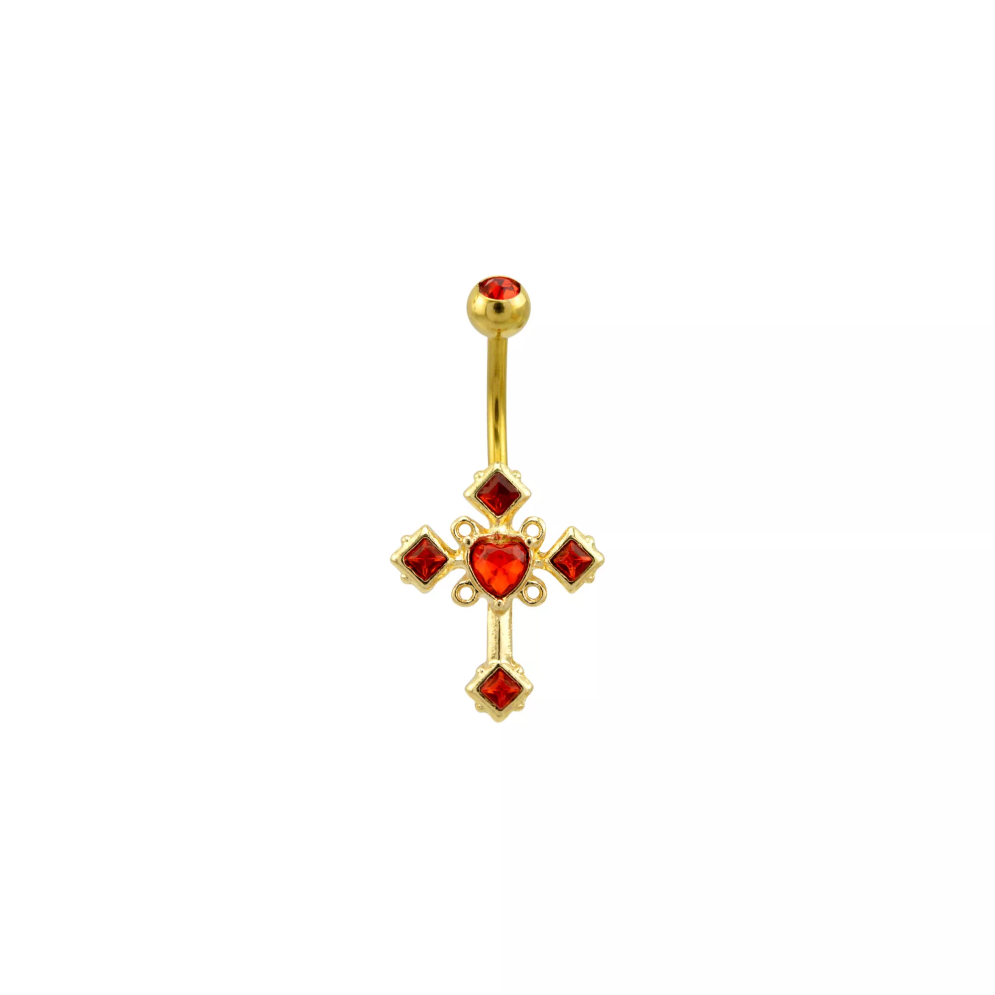 CZ Goldtone and Red Cross Belly Ring - 14 Gauge at Spencer's