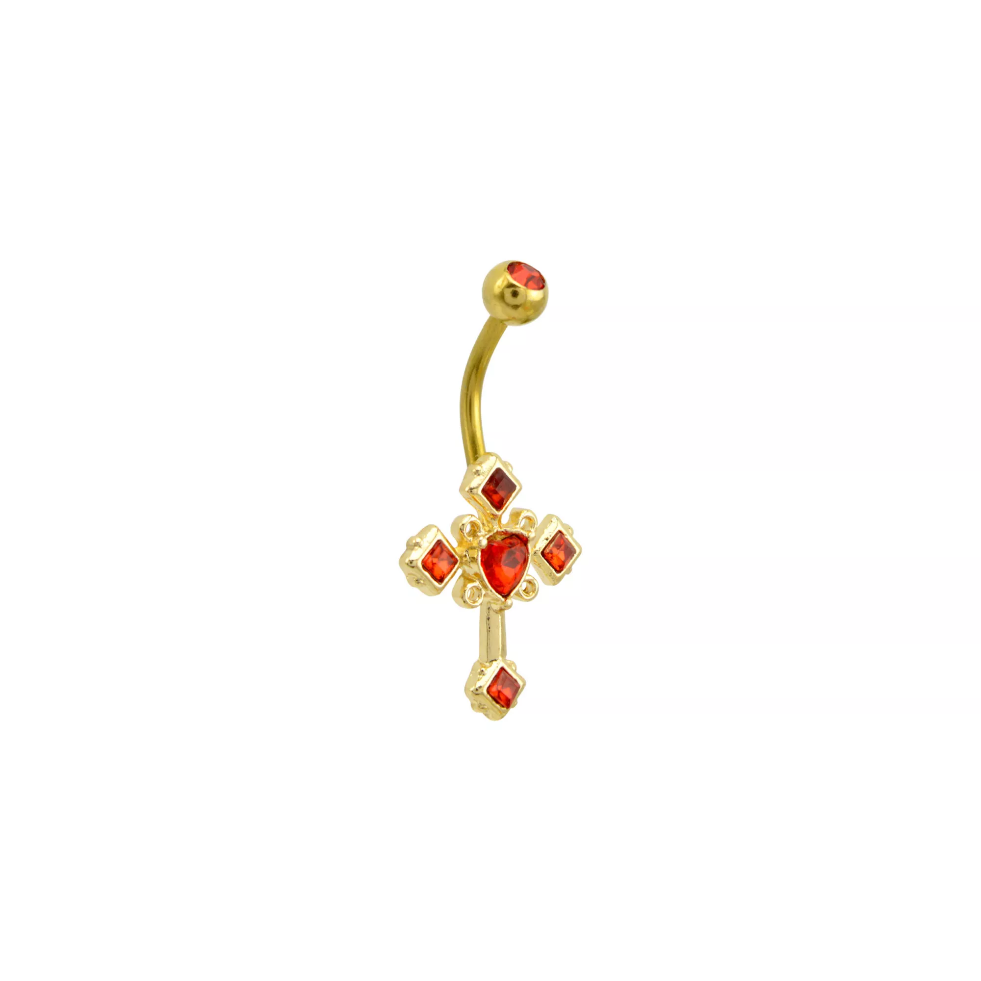 CZ Goldtone and Red Cross Belly Ring - 14 Gauge at Spencer's