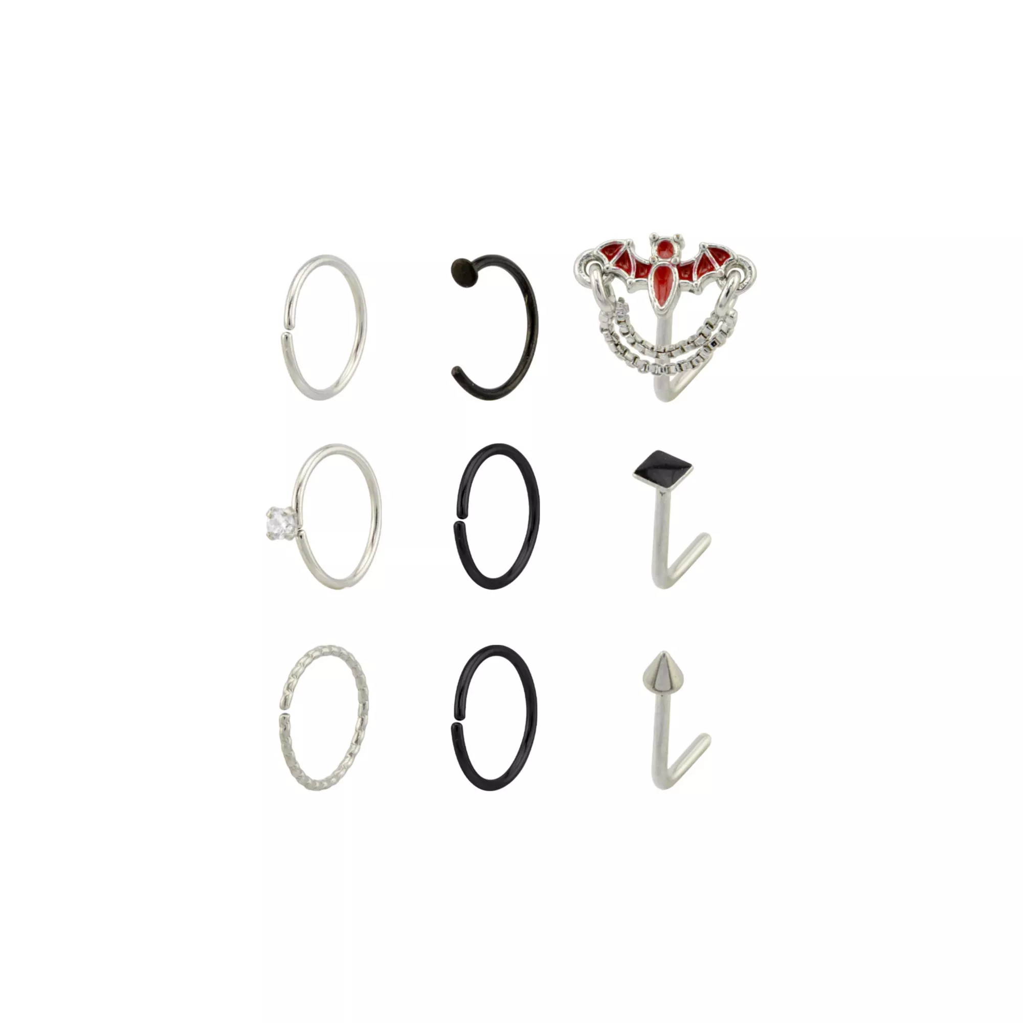 CZ Multi-Pack Bat Chain Dangle L Bend and Hoop Nose Rings 9 Pack - 20 Gauge at Spencer's