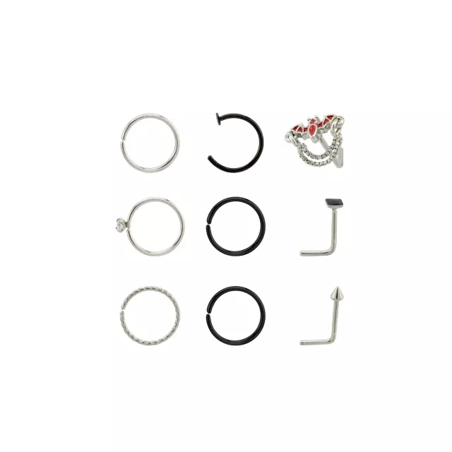 CZ Multi-Pack Bat Chain Dangle L Bend and Hoop Nose Rings 9 Pack - 20 Gauge at Spencer's